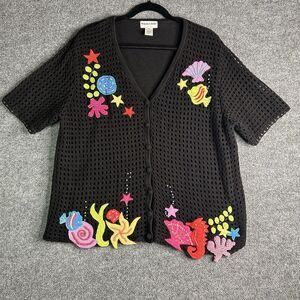 Hampshire Studio Knit Cardigan‎ Button Up Womens 2x Black Beaded Embroidered